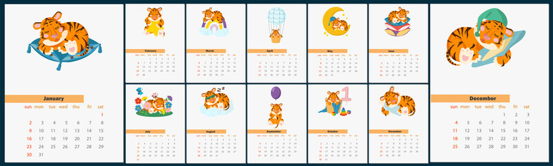 Calendar design 2022 with cute tiger cub sleeping like a baby. Calendar design concept with kawaii cartoon tiger cub, cute tiger, new year character. Kit for 12 months 2022 pages.