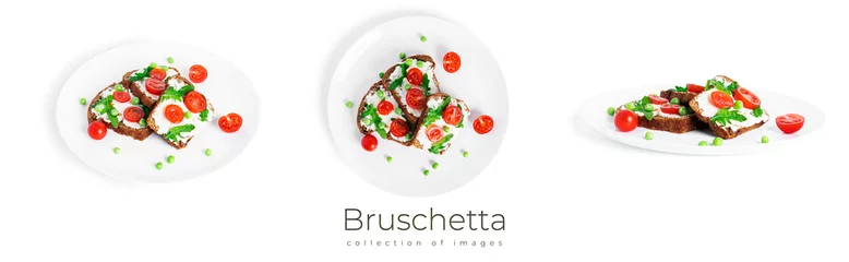 Crédence de cuisine en verre imprimé Légumes frais Bruschetta with cream cheese and vegetables isolated on a white background. Toasts isolated. Sandwich isolated. Sandwich with vegetables and cheese.