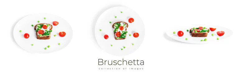 Papier Peint photo autocollant Légumes frais Bruschetta with cream cheese and vegetables isolated on a white background. Toasts isolated. Sandwich isolated. Sandwich with vegetables and cheese.