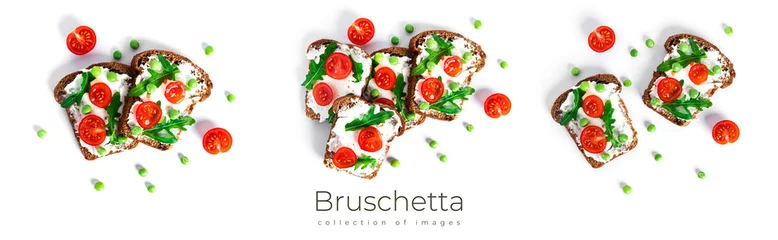Crédence de cuisine en verre imprimé Légumes frais Bruschetta with cream cheese and vegetables isolated on a white background. Toasts isolated. Sandwich isolated. Sandwich with vegetables and cheese.