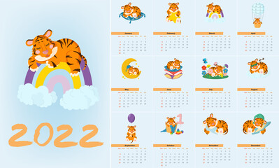 Calendar design 2022 with a cute tiger cub sleeping like a baby. Calendar design concept with kawaii cartoon tiger cub, cute tiger, new year symbol. Set of 12 months 2022 pages.