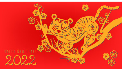 Year of the Tiger, Chinese Zodiac Tiger, Red paper cut design, Tiger on a plum branch. Happy new year symbol. postcard for 2022