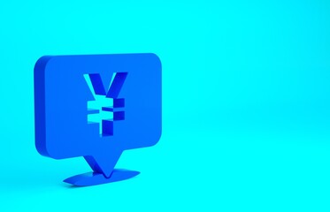 Blue Chinese Yuan currency symbol icon isolated on blue background. Coin money. Banking currency sign. Cash symbol. Minimalism concept. 3d illustration 3D render