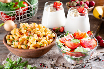 Enjoy your meal. Set of three delicious dishes, full set of three dishes for lunch in a cafe