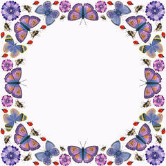 square frame with butterflies, bumblebees and ladybirds