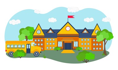 Fototapeta premium High school with bus, trees and bushes. Urban landscape with a house facade with windows and doors. Children education. Vector flat illustration. Back to school 