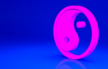 Pink Yin Yang symbol of harmony and balance icon isolated on blue background. Minimalism concept. 3d illustration 3D render