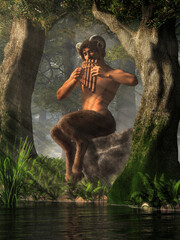 Pan, the god of the wilderness, nature, and shepherds from Greek mythology, in the form of a saytr or faun with goat legs and horns, plays his pipes by a pond in a deep green forest. 3D Rendering. - obrazy, fototapety, plakaty