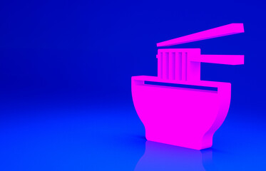Pink Asian noodles in bowl and chopsticks icon isolated on blue background. Street fast food. Korean, Japanese, Chinese food. Minimalism concept. 3d illustration 3D render