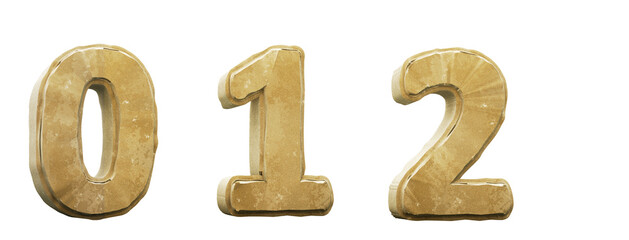 Sand alphabet. Numbers 0, 1, 2. 3D render. Path save.
