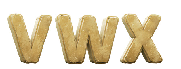 Sand alphabet. Letters V, W, X. 3D render. Path save.