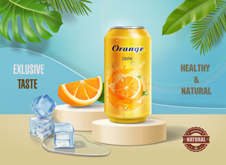 Soft drink advertisement with orange fruits and ice cubes and tropical leaves