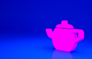 Pink Traditional Chinese tea ceremony icon isolated on blue background. Teapot with cup. Minimalism concept. 3d illustration 3D render