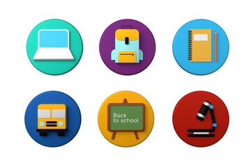 Back to school concept. School theme icons set 3d illustration