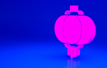 Pink Chinese paper lantern icon isolated on blue background. Minimalism concept. 3d illustration 3D render