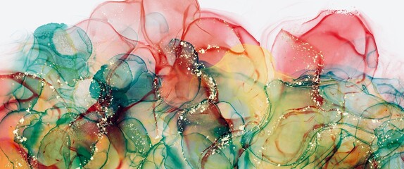 Abstract alcohol ink background with watercolour brush stroke, red and green accent, creative hand painted art, kintsugi gold paths, wallpaper for print