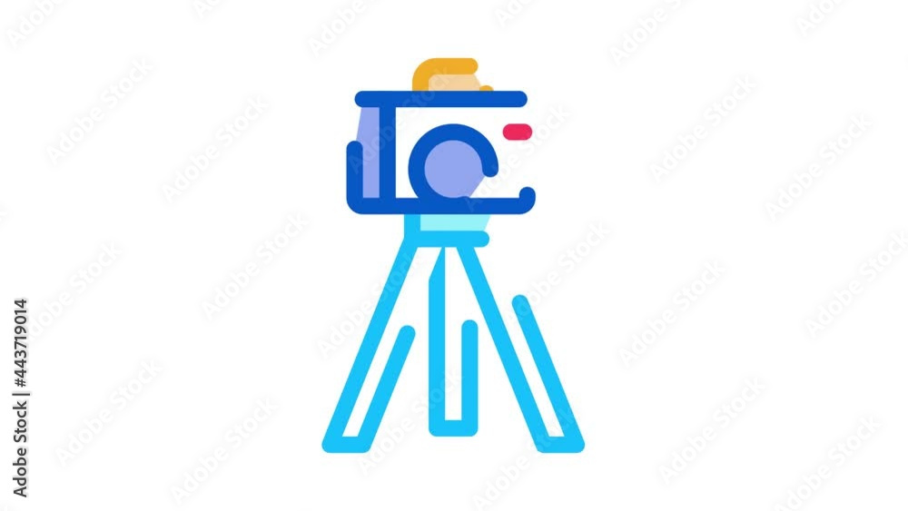 Poster video camera with tripod icon animation. color video camera with tripod animated icon on white backg