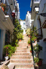 Frigiliana village Spain. Picturesque lane in the old town. Steep steps lined with colorful flowers. Typical Spanish scene. Vertical shot. 