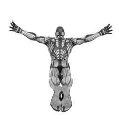 Fototapeta premium super hero in a exosuit is jumping rear view