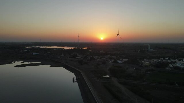 dam water aerial view taken from 300 meters above the surface. Amazing Aerial sunset view of Dam. 4k resolution.