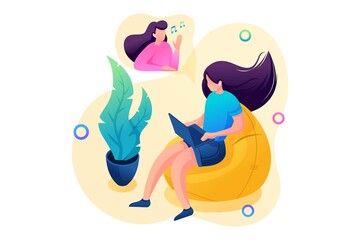 Isometric 3D. Young Girl Communicates Online With a Friend Via Video Link. Concept For Web Design