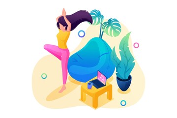 Isometric 3D. Self-Isolation, The Girl Does Yoga At Home In a Calm Environment. Concept For Web Design