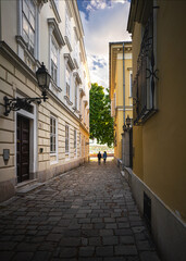 Nice medieval houses in the old town of Budapest, in the castle
