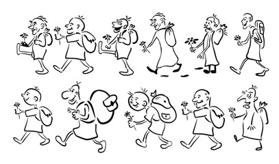The man walks joyfully. Set of funny walking people. Drawing line. Vector illustration