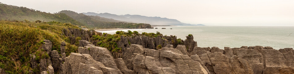 Beautiful Pancake Rocks at the west coast of New Zealand, South Island