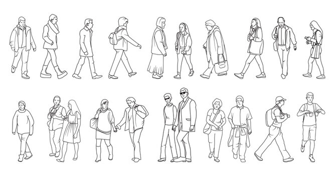 Diverse various people walking set outline sketch black and white vector illustration