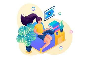 Isometric 3D. Girl at Home Schooling During The Pandemic, Online Training. Concept For Web Design