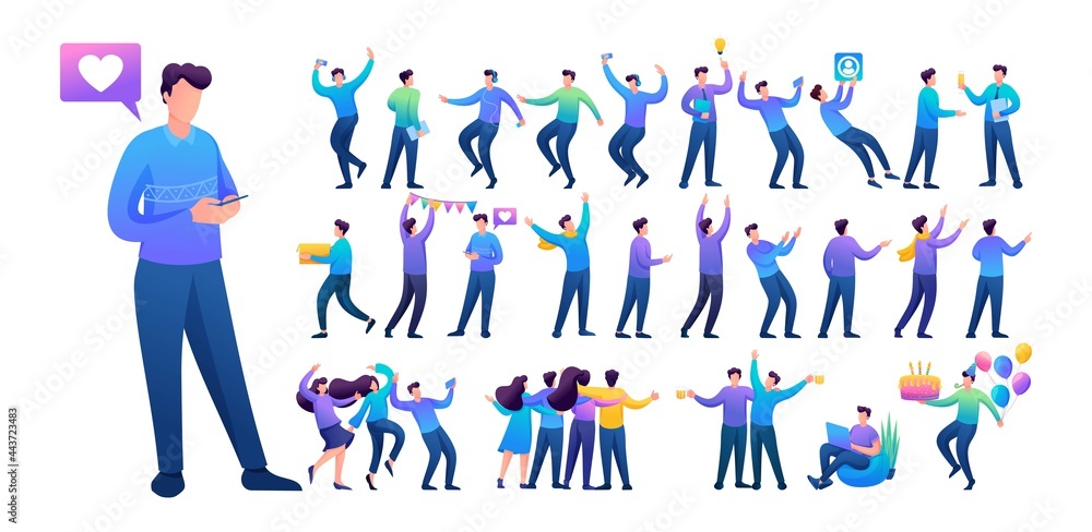 Poster set of a fun teen man. presentation in various in various poses and actions. 2d flat character vecto