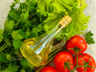 fresh vegetables, tomato, oil background
