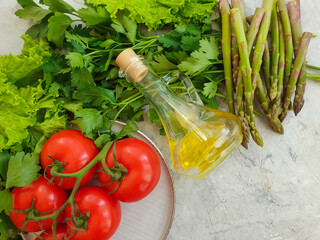 fresh vegetables, tomato, oil background
