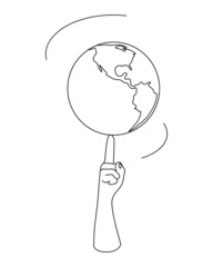 The earth is spinning on the forefinger. Planet earth with finger created by lines.