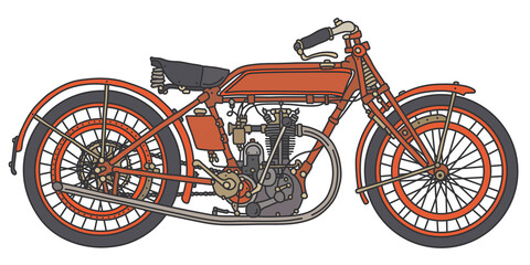 Fototapeta na wymiar The hand drawing of a vintage red motorcycle