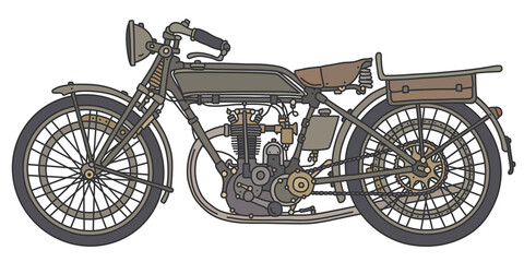 The hand drawing of a vintage khaki green military motorcycle - 443723878