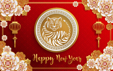 Chinese new year 2022 year of the tiger red and gold flower and asian elements paper cut with craft style on background.( translation : chinese new year 2022, year of tiger )