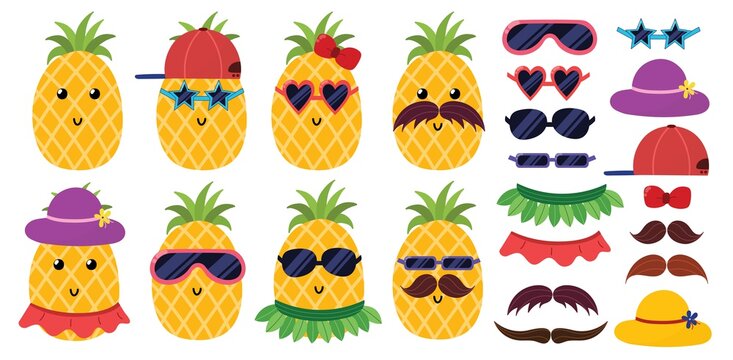 Cute pineapples set in sunglasses. Pineapple dress up activity for kids with summer accessories. Vector illustration