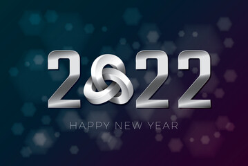 2022 Silver Numerals Logo with Triple Mobius Loop Impossible Figure and Happy New Year Lettering - Silver on Luminous Hexagons Background - Gradient Graphic Design