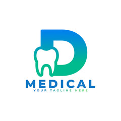 Dental Clinic Logo. Blue Shape Initial Letter D Linked with Tooth Symbol inside. Usable for Dentist, Dental Care and Medical Logos. Flat Vector Logo Design Ideas Template Element.