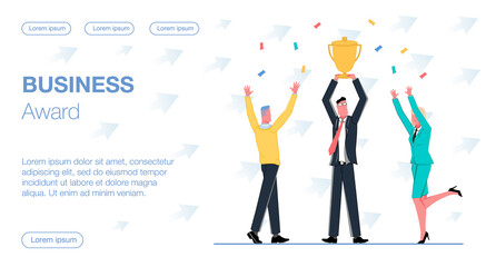 successful businessman won business award prize and holds a cup above his head around team woman and man are flying confetti vector flat illustration