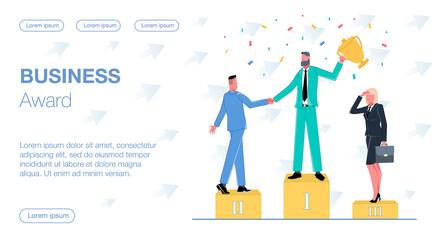 successful businessman stands on a podium won a business award a prize and holds a cup above his head shakes hands with a colleague around a team woman with a briefcase and a man are flying confetti c