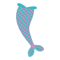 Blue mermaid tail with pink squama isolated on white background. Vector flat illustration.