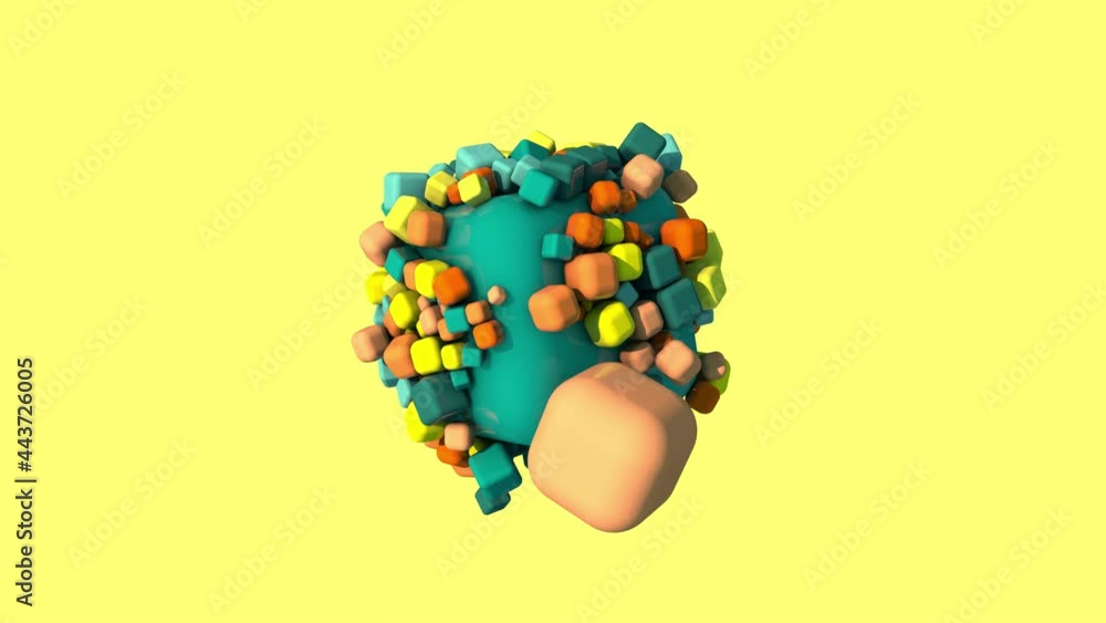 Poster 3d animation of an abstract geometric array. a cube and a sphere and a lot of geometric multi-colore