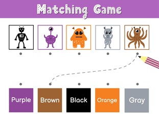 Match cute aliens by color. Educational game for school and preschool. Sorting activity puzzle for kids - purple, brown, black, orange, gray. Vector illustration