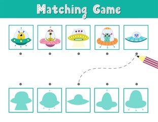 Find the correct shadow matching game with cute aliens in flying saucers. Space activity page for kids. Search the silhouette puzzle. Vector illustration