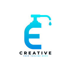 Antibacterial Hand Sanitizer Logo. Initial Letter E with Hand Sanitizer Logo.