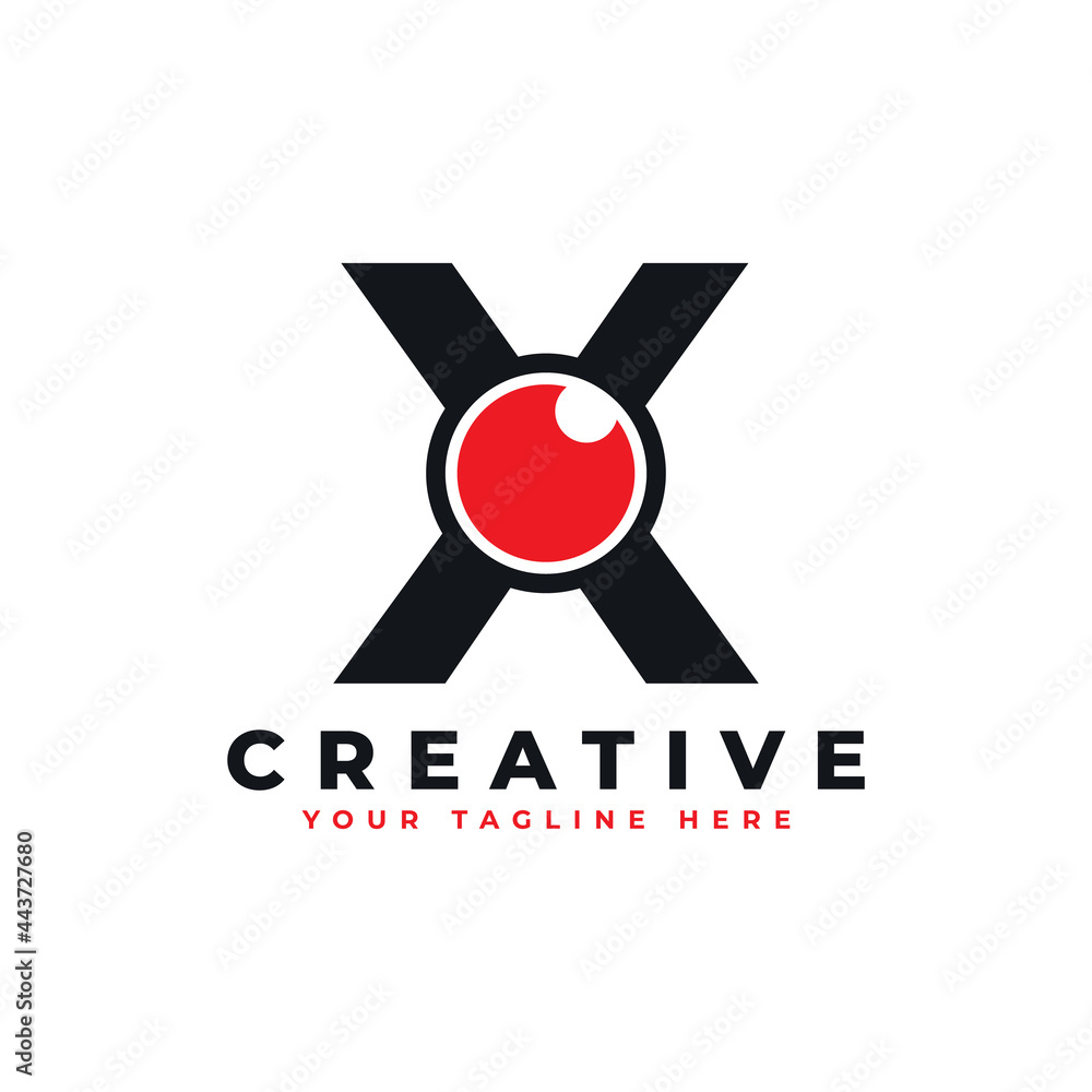 Wall mural Abstract Eye Logo Letter X. Black Shape X Initial Letter with Red Eyeball inside. Use for Business and Technology Logos. Flat Vector Logo Design Ideas Template Element