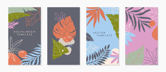 Fototapeta na wymiar Bundle of insta story templates with tropical palm leaves.Modern vector summer layouts with copy space for text.Bright vibrant banners.Trendy designs for social media marketing,digital post,prints.